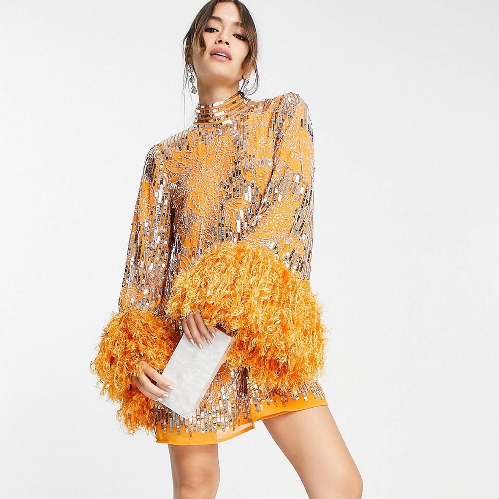 ASOS EDITION floral sequin beaded mini dress with feather cuff in Hot Orange.